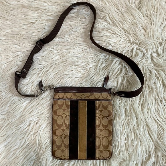 Coach Suede Canvas Stripe Adjustable Strap Signature C Pattern Crossbody Bag - Picture 1 of 10